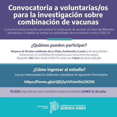 La Provincia convoca a voluntarias/os para estudiar la combinación de vacunas