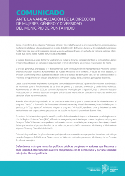 Repudio a la vandalización de la Dirección de Mujeres, Género y Diversidad